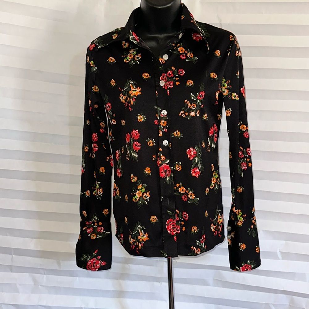 Women’s Vintage Black Floral Long Sleeve Button Down Casual Blouse Size Small